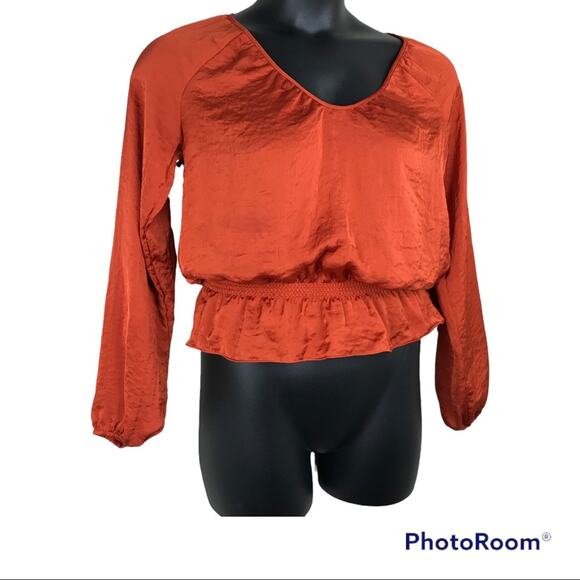 MICHAEL MICHAEL KORS Burnt Orange Satin Long Sleeve Peplum Top - Picture 2 of 6